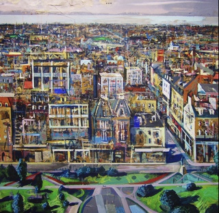 Princes St from The Castle.90x90cm.Mixed media on canvas.Sold.