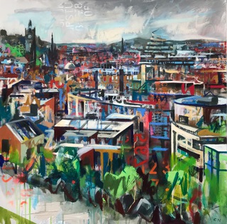 Princes St east from Calton Hill.90x90cm.Mixed media on canvas.Sold.