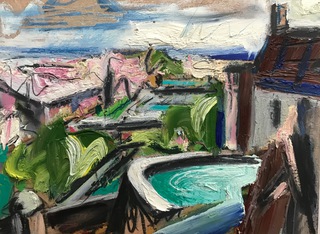 Princes St from the Castle (study).14x10cm.Oil on wood.