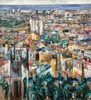 Leith from Calton hill mixed media on wood 90 x 90cm.