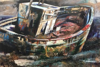 Boat ruin, Salen, Mull, mixed media on wood, 90 x 60cm.Available.
