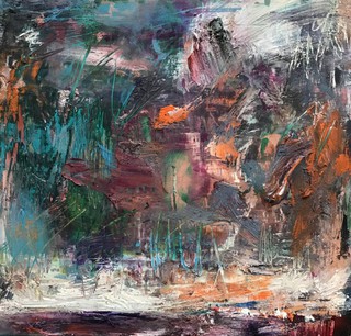 Atmospherics over Benbecula, oil on wood 15 x 14cm.