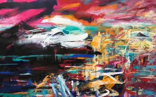 Mist over headland, Mull, Acrylic on paper, 172 x 104cm