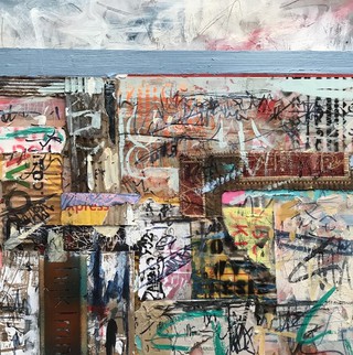 Urban vista Leith from Calton Hill, Mixed media on wood, 40 x 40cm.Sold