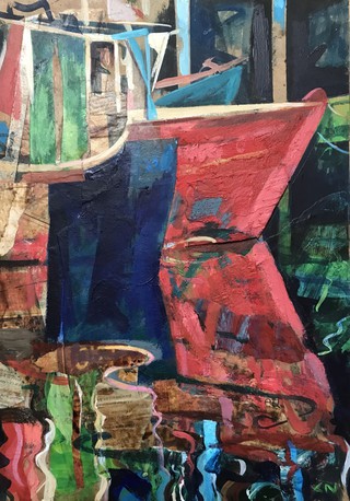 Boat reflected, Dunbar, mixed media on wood, 42 x 30cm.Available