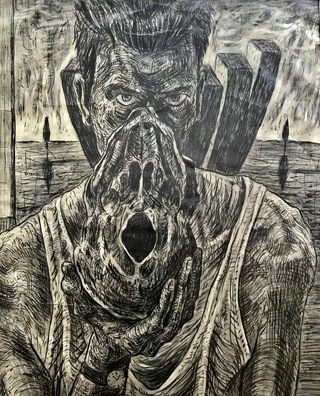 Self portrait with skull 1986.80x60 cm.Pencil.