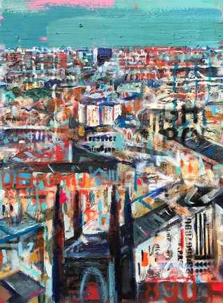 Toward Fife from Calton Hill.Mixed media on wood.50x40cm.Sold