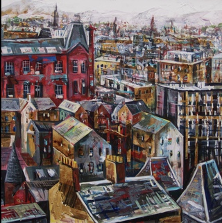 Edinburgh south from The Castle.90x90cm.Mixed media on canvas.