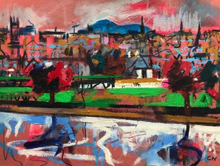 Edinburgh from Inverleith Park.27x21cm.Mixed media on paper.