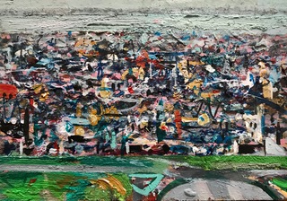 Princes St from The Castle.15x20cm.Mixed media on wood.Sold