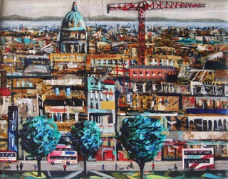 Princes St from The Castle.Mixed media on canvas.50x40cm.