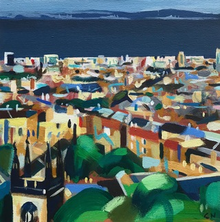 Leith from Calton Hill.Acrylic and oil on canvas.30x30cm.Available.