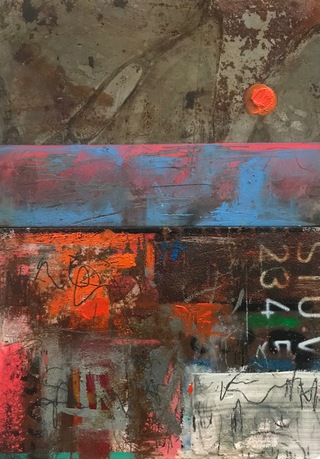 Edinburgh city and the sea.Mixed media on treated steel and wood.30x21cm.Sold.
