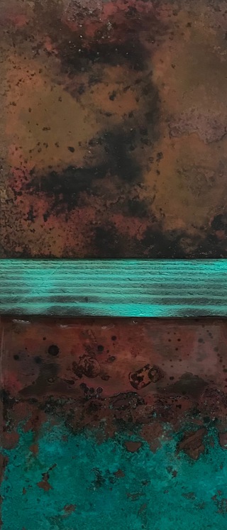 Atmospherics over Skap Flow,Orkney.Treated copper,wood and resin.32x14cm.
