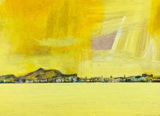 Edinburgh from Inchcolm.Pencil and paint on wood,10x10cm.Sold. 