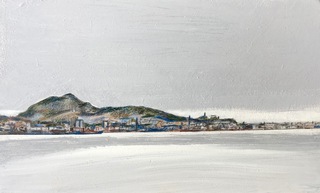 Edinburgh skyline from Musselburgh beach.20x12cm.Pencil and paint on wood.