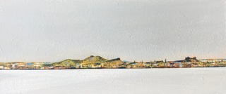 Edinburgh skyline from Inchcolm. 25x10cm.Pencil and paint on wood.Sold.