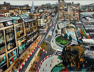 Edinburgh from Scot Monument (Tram works).Mixed media on canvas.Available.